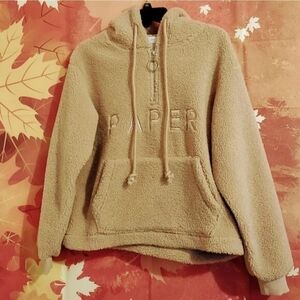 TEDDY BEAR PLUSH TAN PULLOVER HOODIE WITH FRONT POCKET WOMEN'S SIZE M